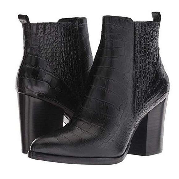Marc Fisher Alva Croc Embossed Leather Block Heels Boots Black Old Money 7.5 NEW - Picture 2 of 11